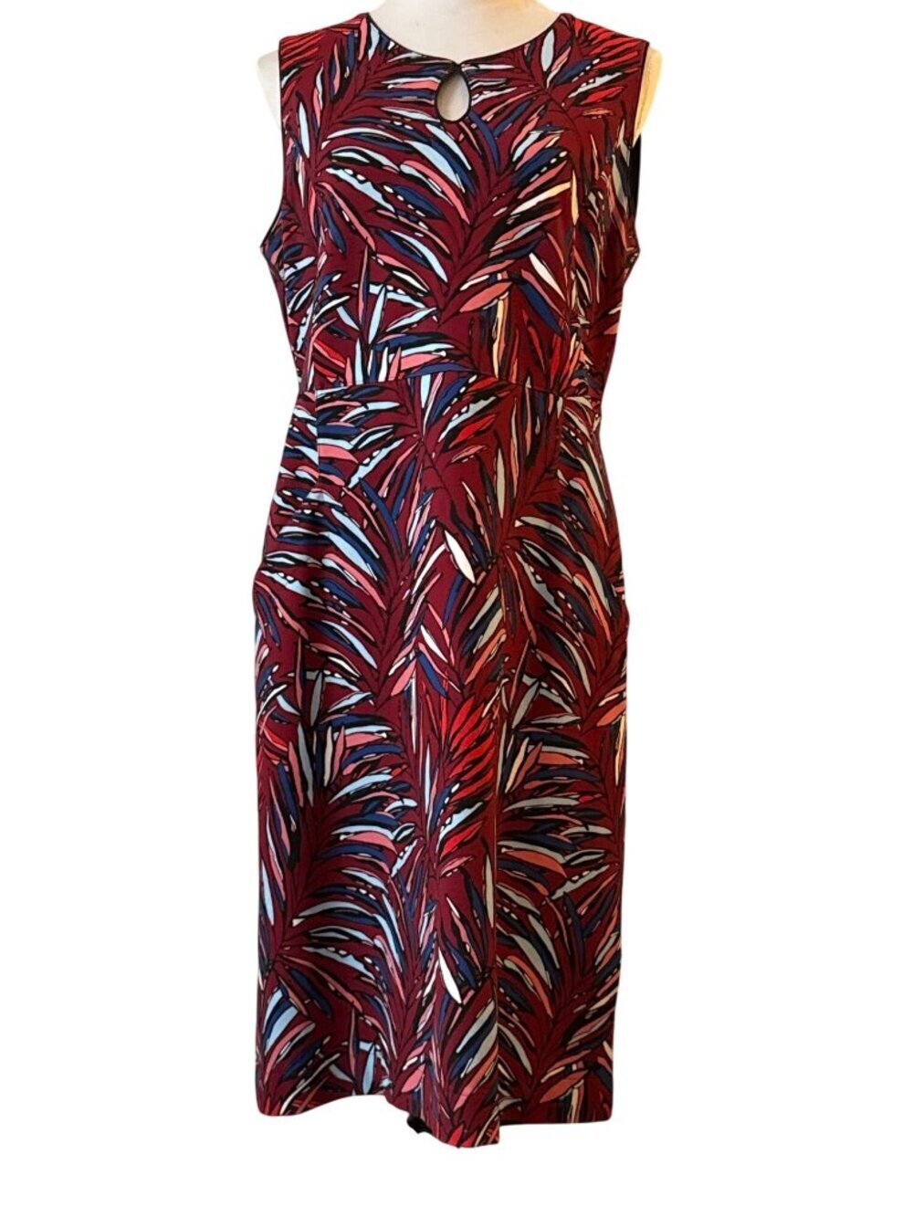 Lands End Women's Ponte Keyhole Sheath Dress - Pattern Warm Cinnabar Leaves 12